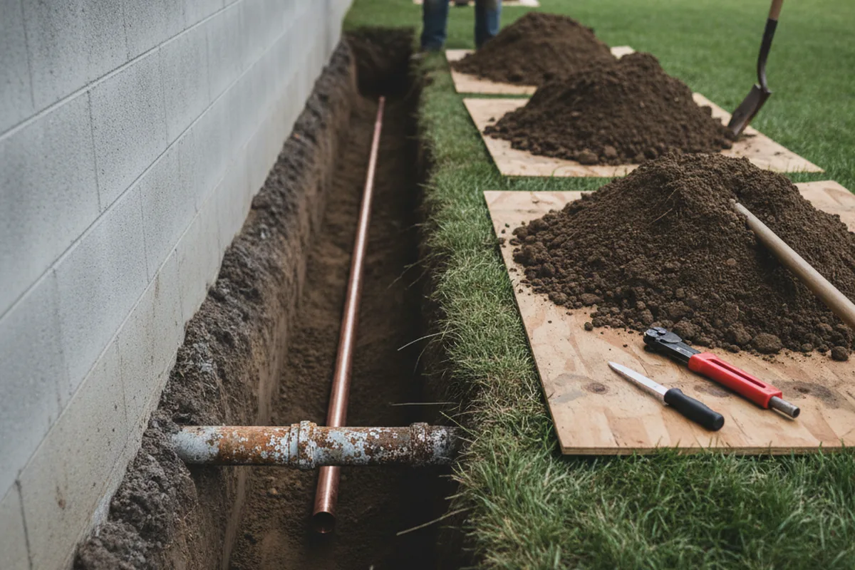Excavated water line trench during Water Heater Repair in Neavitt